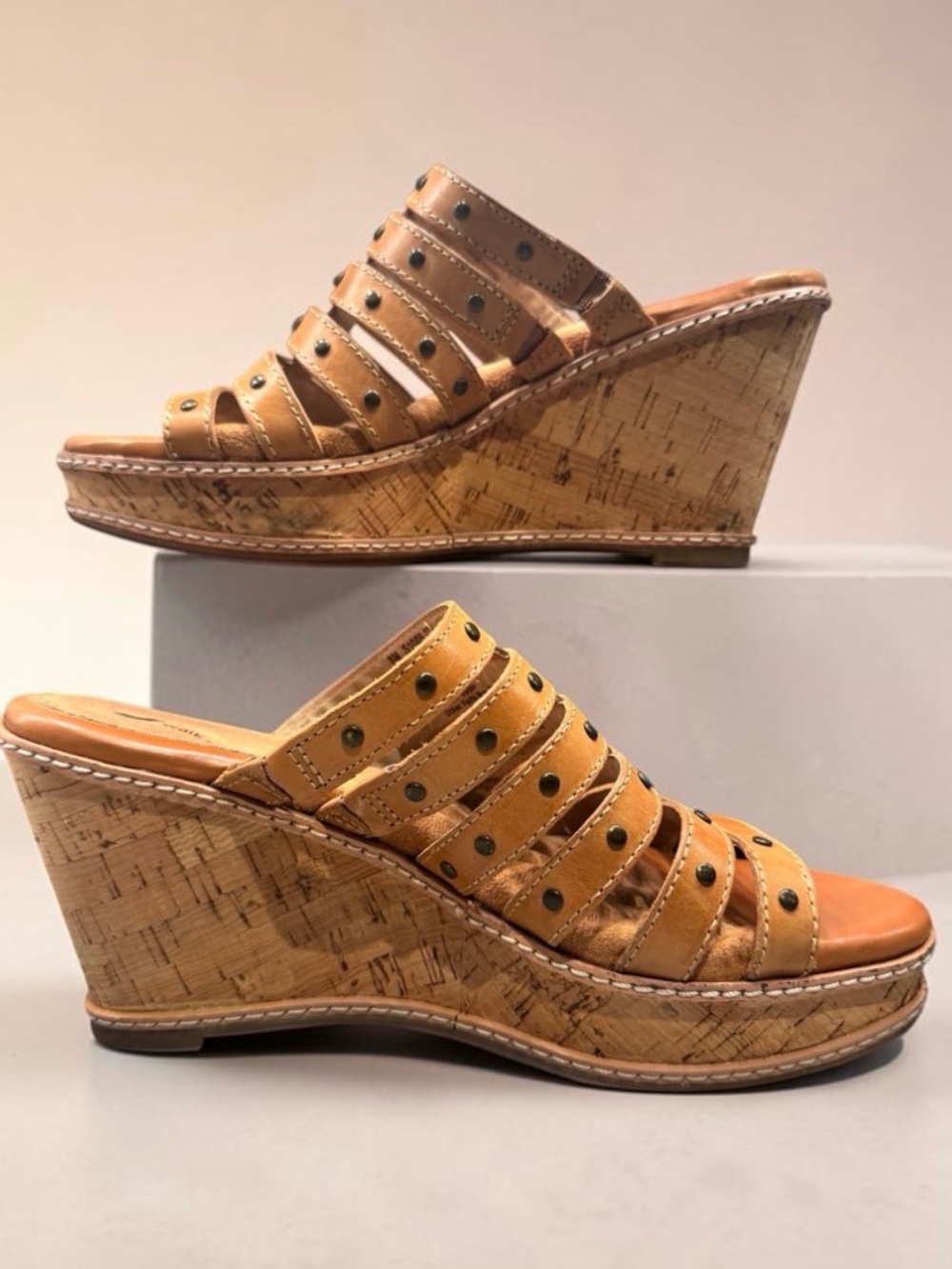 SoftWalk Studded Tan Leather, Cork Wedge Slide Sandals, size 8M